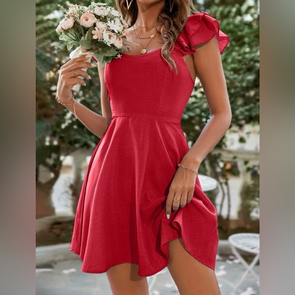 Solid Ruffled Red Dress - Picture 4 of 5